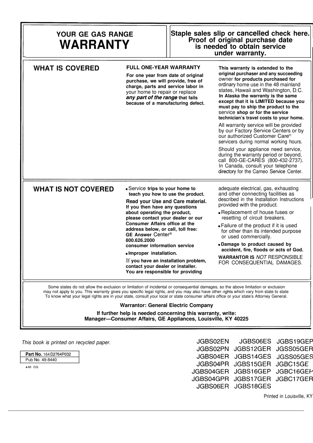 GE JGBS16GEP, JGSS05GES, JGSS05GER, JGBS15GER, JGBS12GER, JGBS06ES, JGBS19GEP, JGBS06ER, JGBS18GES, JGBS17GER, JGBS14GES Warranty 