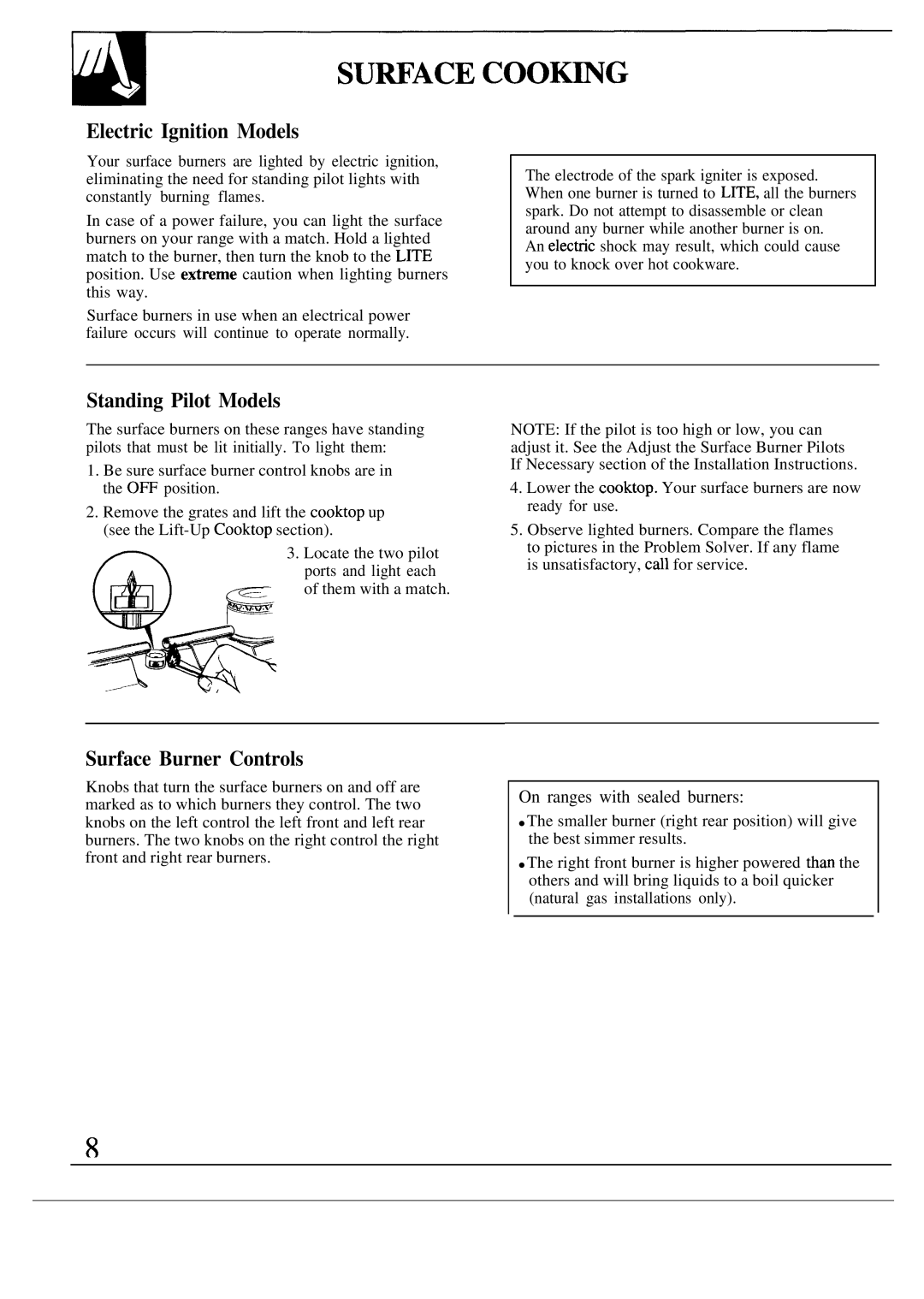 GE JGBS17GER, JGSS05GES, JGSS05GER Su~Ace Coo~G, Electric Ignition Models, Standing Pilot Models, Surface Burner Controls 