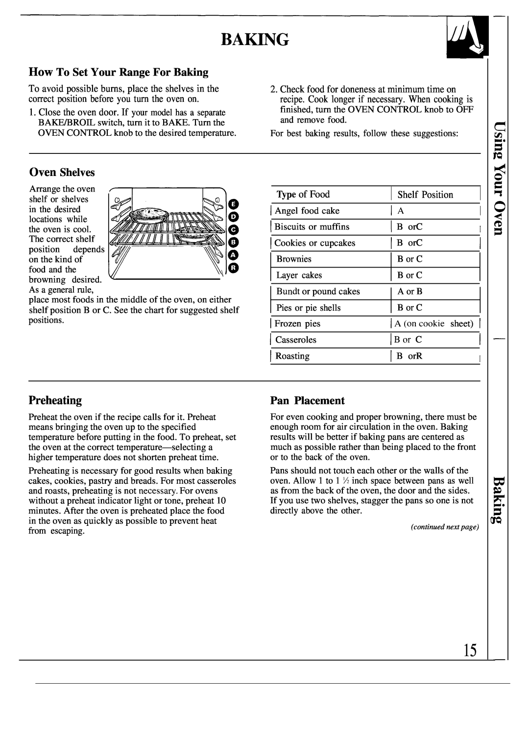 GE JGBS02PN, JGSS05GES, JGSS05GER, JGBS15GER manual Preheating, How To Set Your Range For Baking, Oven Shelves, Pan Placement 