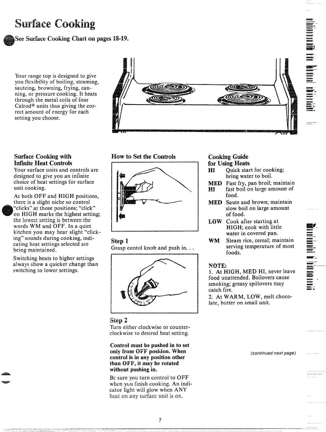 GE JHC56G manual Surface Cooking with Miiite Heat Controls, How tb Set the Controls, Cooking Guide for Using Heats, Step 