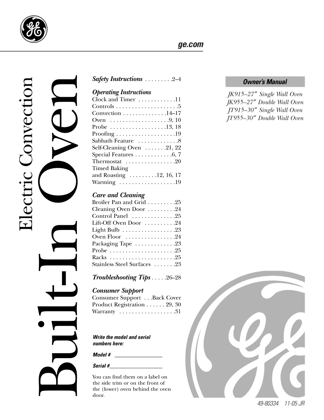 GE JK95527, JK91527, JT95530, JT91530 owner manual Built-In Oven, Write the model and serial numbers here Model # Serial # 