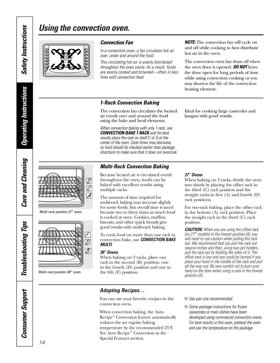 GE JT95530, JK91527, JK95527 Using the convection oven, Convection Fan, Multi-Rack Convection Baking, Adapting Recipes… 