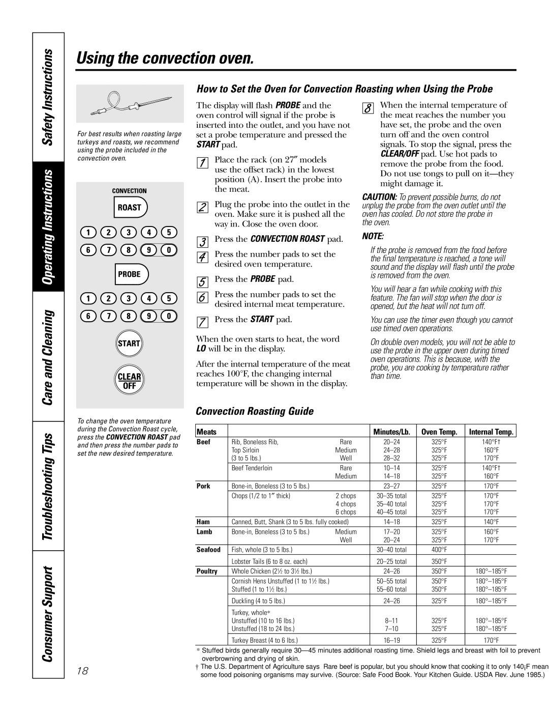 GE JT95530, JK91527, JK95527, JT91530 owner manual Convection Roasting Guide, Press the Convection Roast pad 