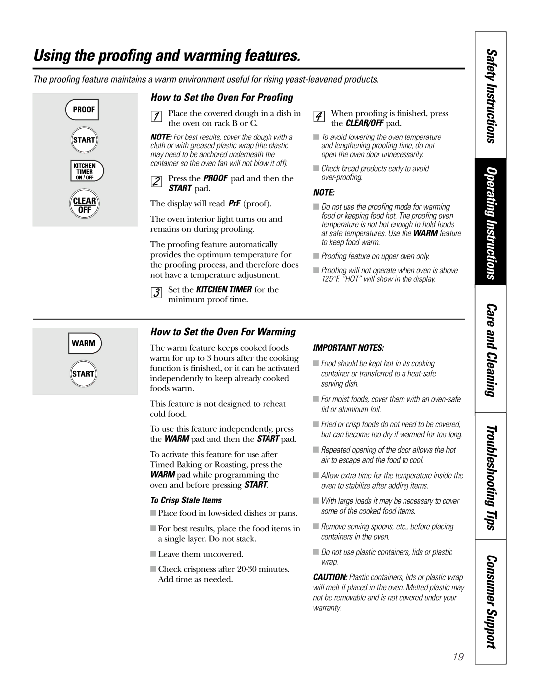 GE JT91530 Using the proofing and warming features, How to Set the Oven For Proofing, How to Set the Oven For Warming 