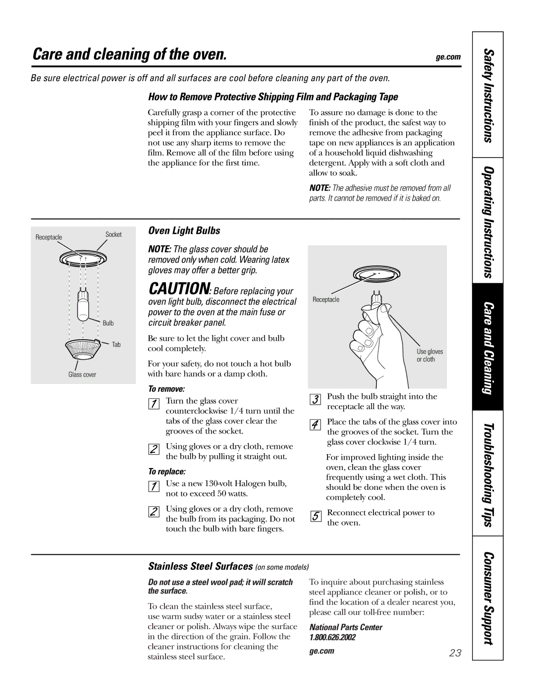 GE JT91530 Care and cleaning of the oven, Instructions Care and Cleaning Troubleshooting Tips, Instructions Operating 