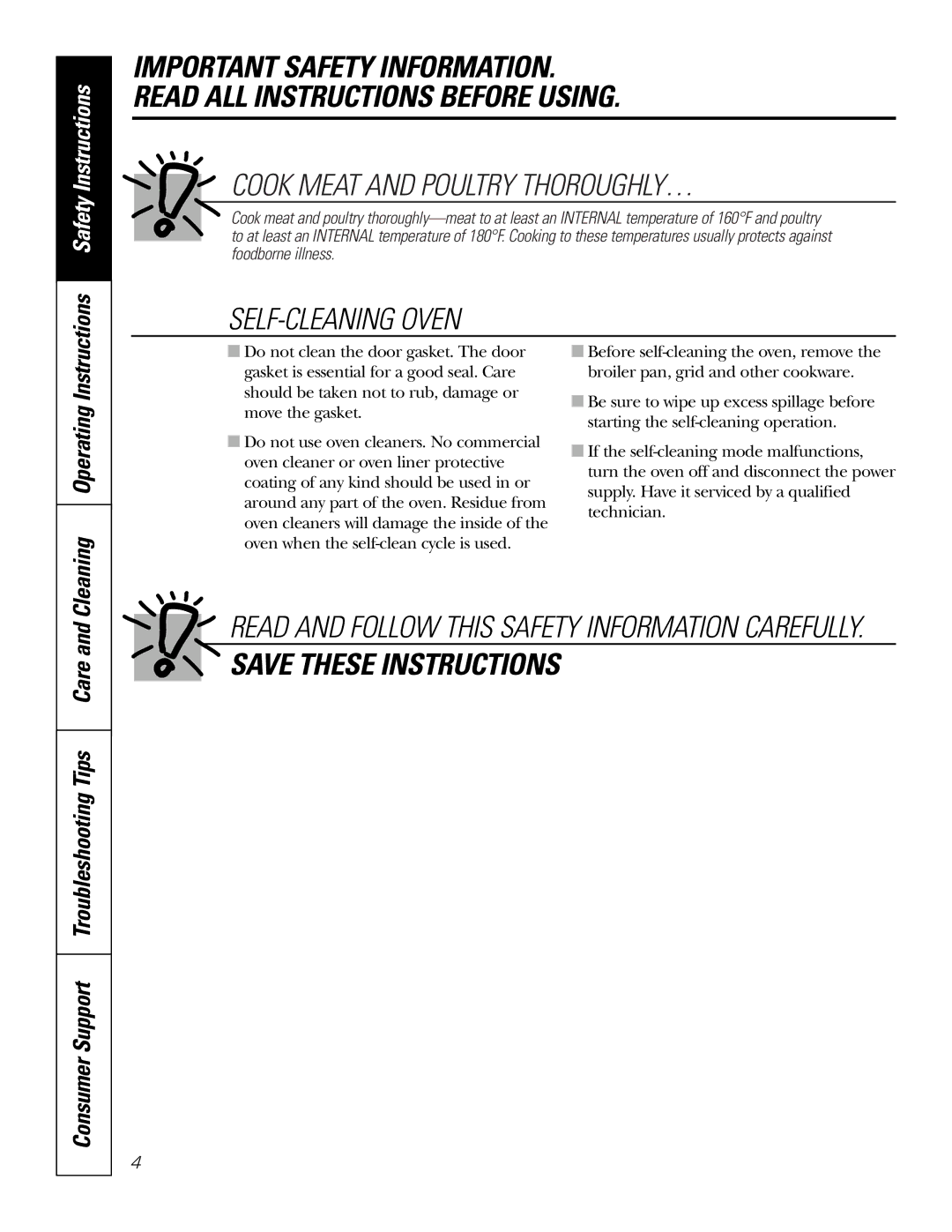 GE JK91527, JK95527, JT95530, JT91530 owner manual Cook Meat and Poultry THOROUGHLY…, Cleaning Operating Instructions 