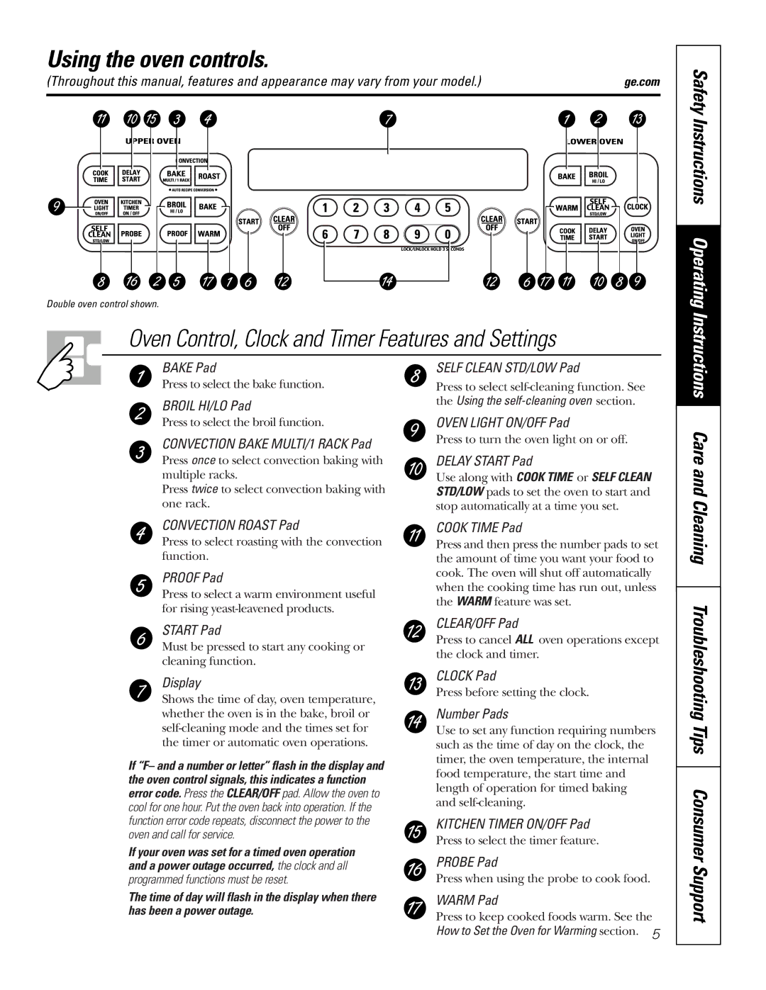 GE JK95527, JK91527, JT95530, JT91530 Using the oven controls, Care, Cleaning Troubleshooting Tips Consumer Support 