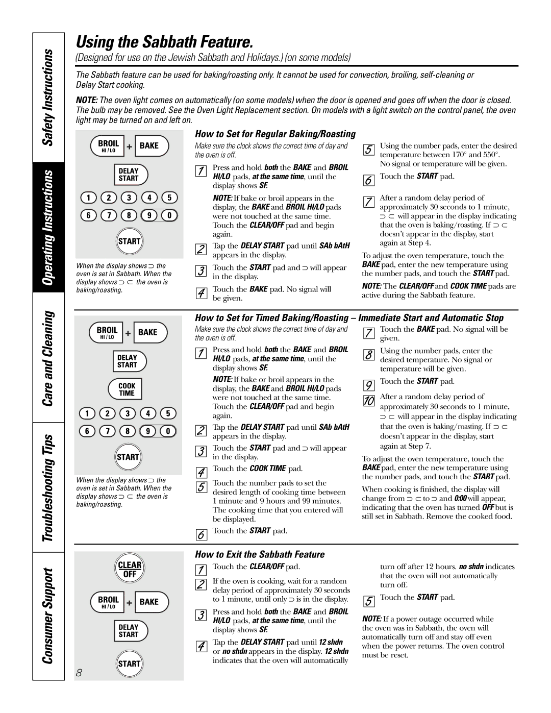 GE JK91527 Using the Sabbath Feature, How to Set for Regular Baking/Roasting, Troubleshooting Tips Care and Cleaning 