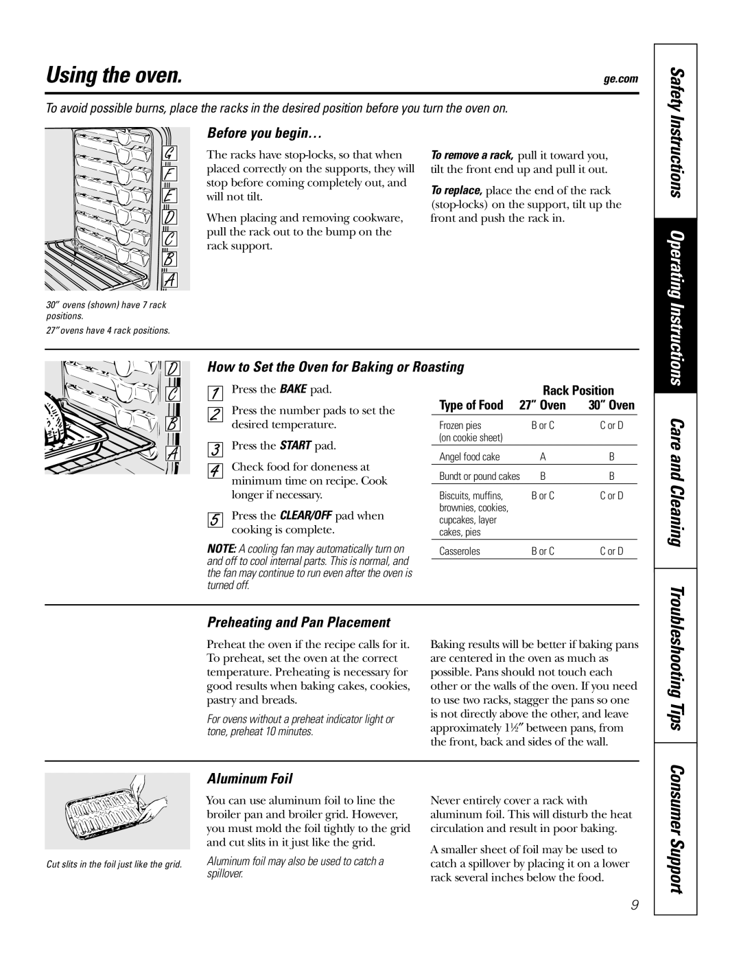 GE JK95527 Using the oven, Care and Cleaning, Before you begin…, How to Set the Oven for Baking or Roasting, Aluminum Foil 