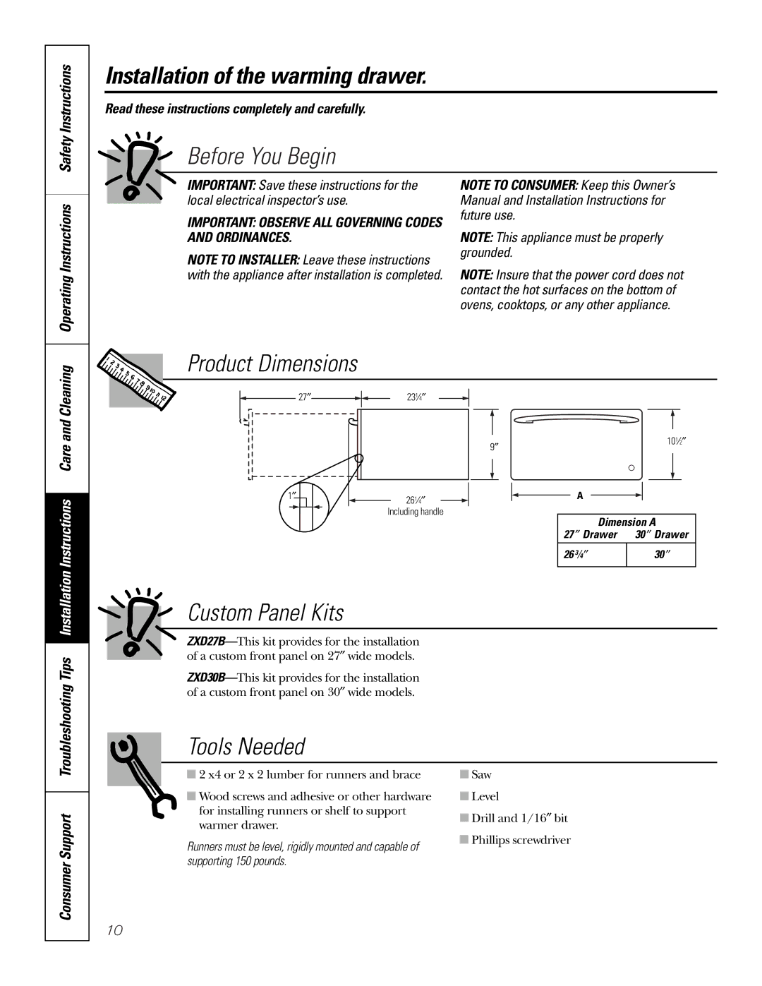 GE JKD915 owner manual Installation of the warming drawer, Before You Begin, Product Dimensions, Safety Instructions 