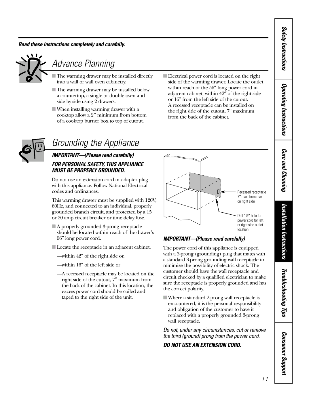 GE JKD915 owner manual Advance Planning, Grounding the Appliance, IMPORTANT-Please read carefully, Operating Instructions 