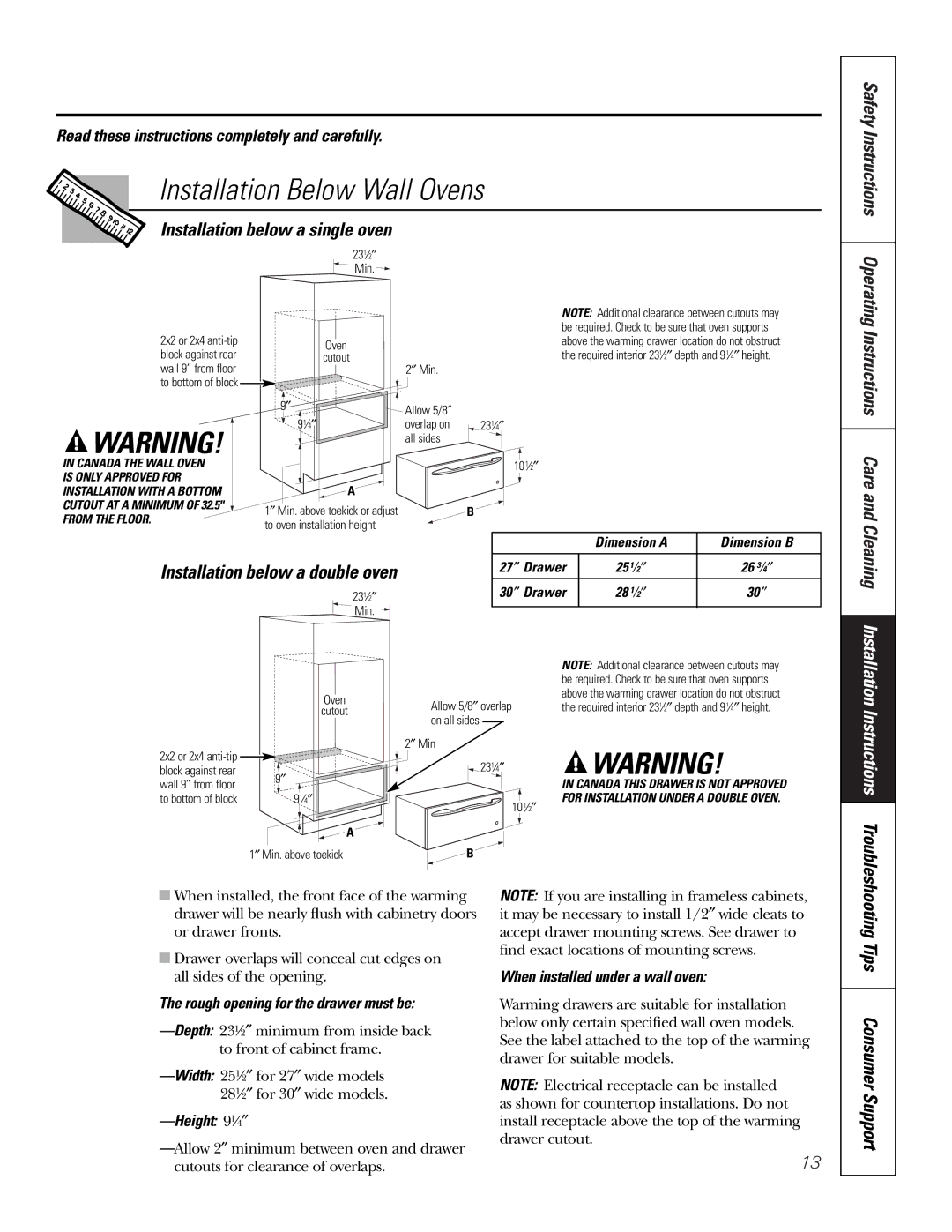 GE JKD915 owner manual Installation Below Wall Ovens, Installation below a single oven, Instructions Care 