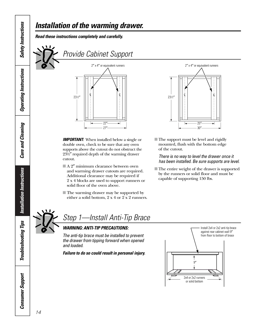 GE JKD915 owner manual Provide Cabinet Support, Install Anti-Tip Brace, Cleaning Operating Instructions, Consumer Support 