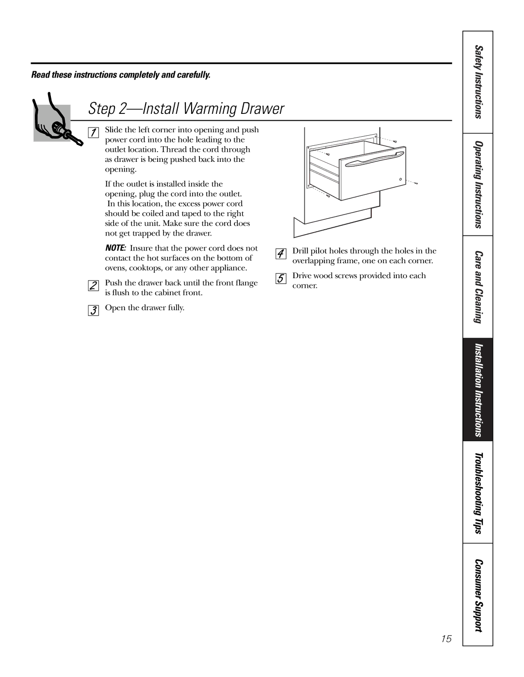 GE JKD915 owner manual Install Warming Drawer, Safety Instructions 