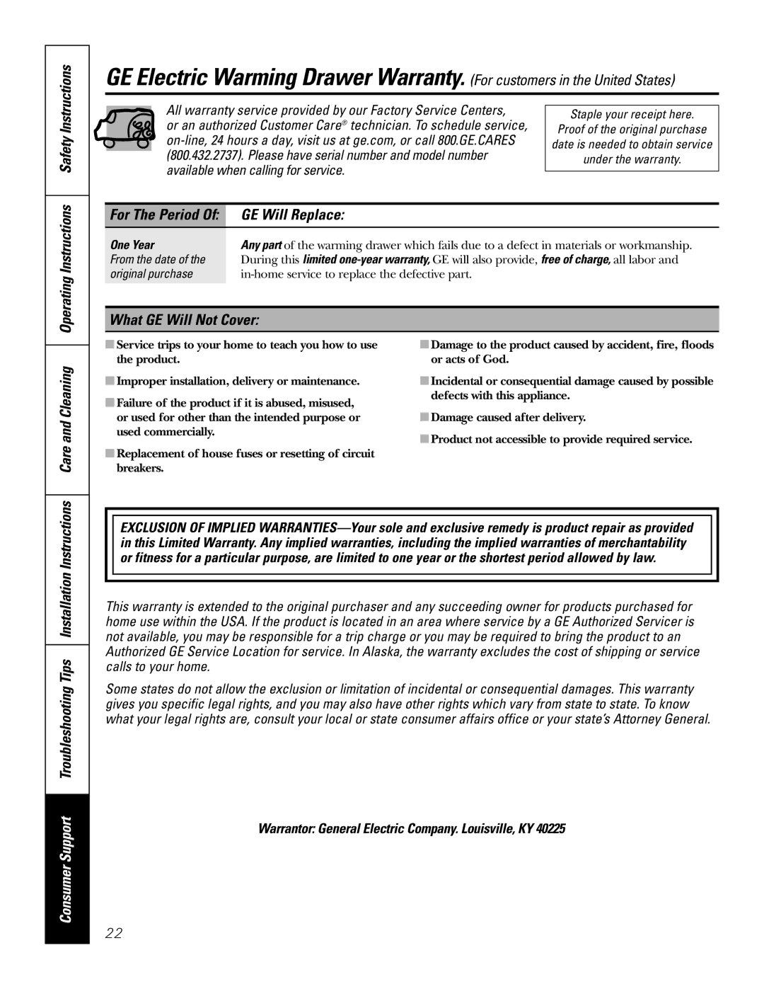 GE JKD915 Operating Instructions Safety Instructions, GE Will Replace, What GE Will Not Cover Care and Cleaning, One Year 