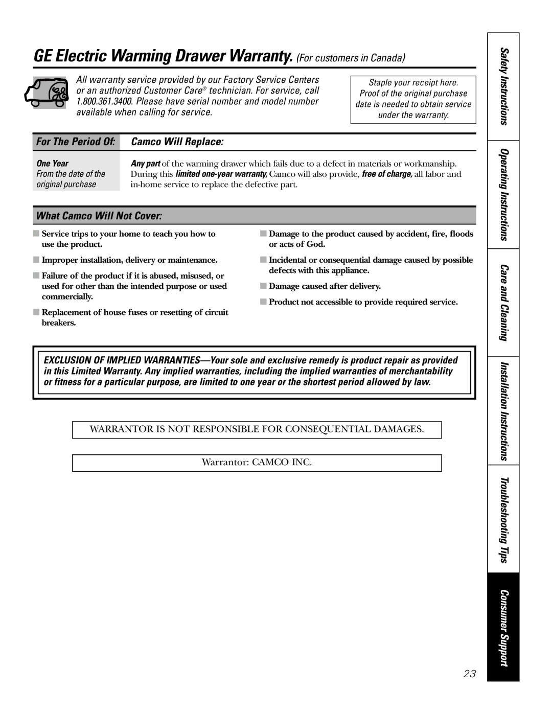 GE JKD915 owner manual Camco Will Replace, What Camco Will Not Cover, Available when calling for service 