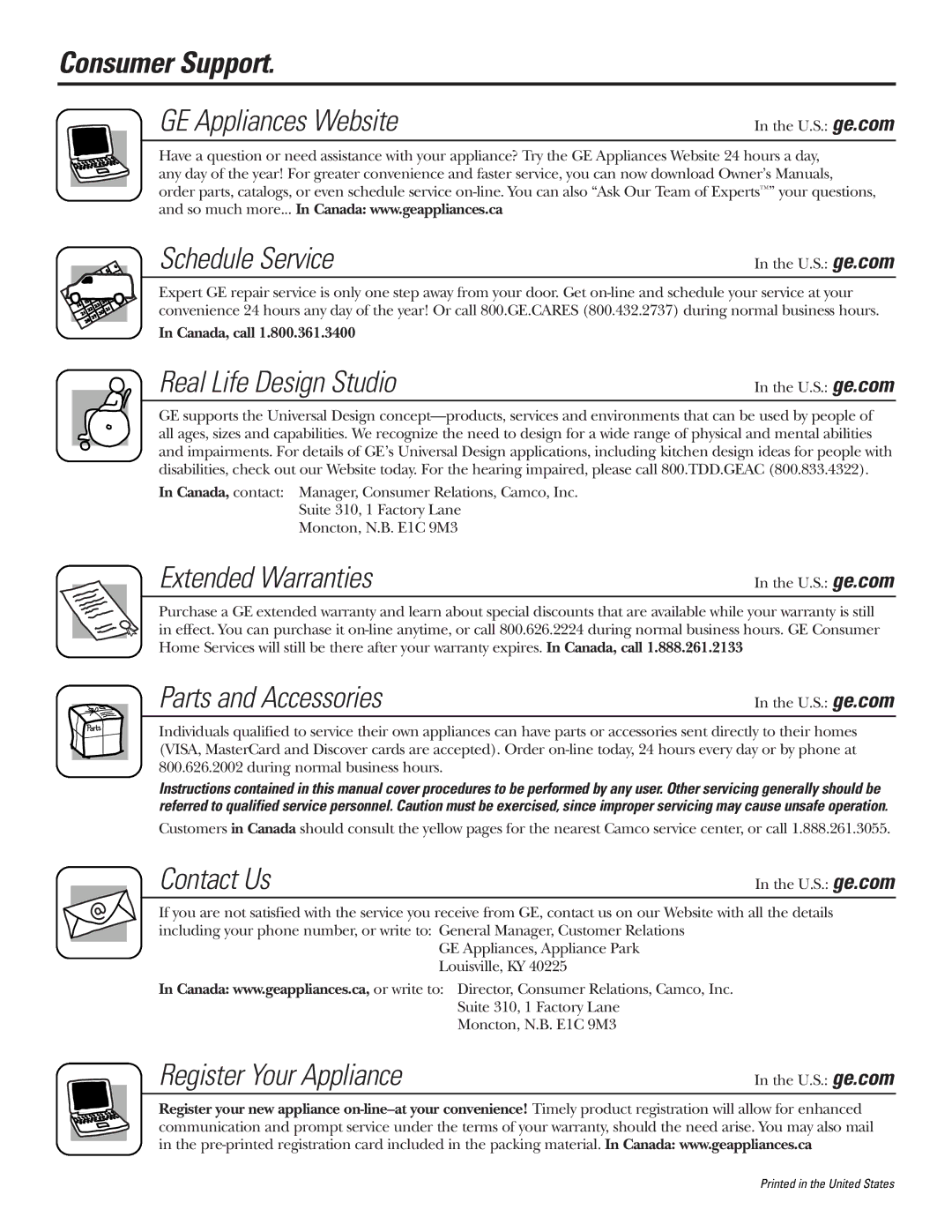 GE JKD915 owner manual Consumer Support 