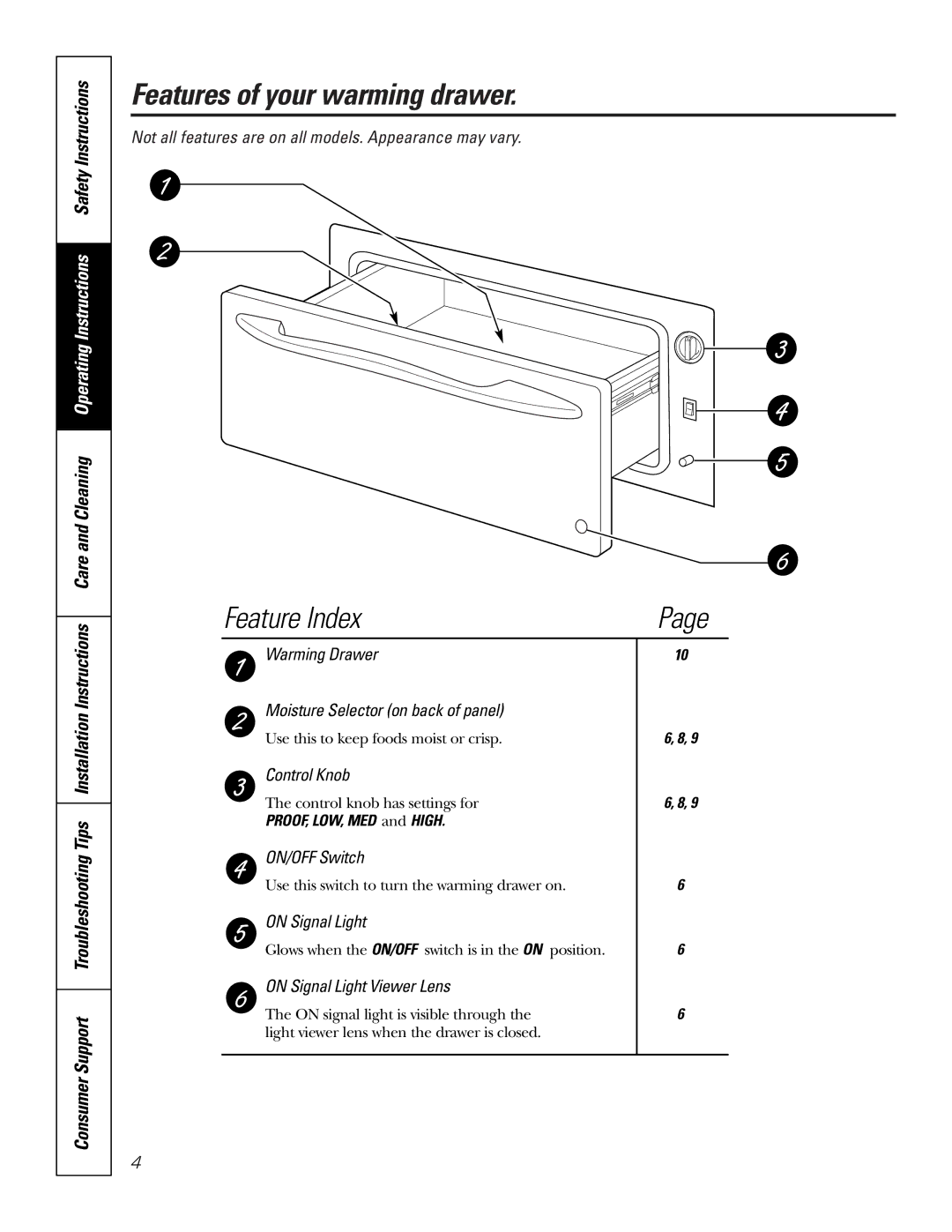 GE JKD915 owner manual Features of your warming drawer, Feature Index, PROOF, LOW, MED and High 