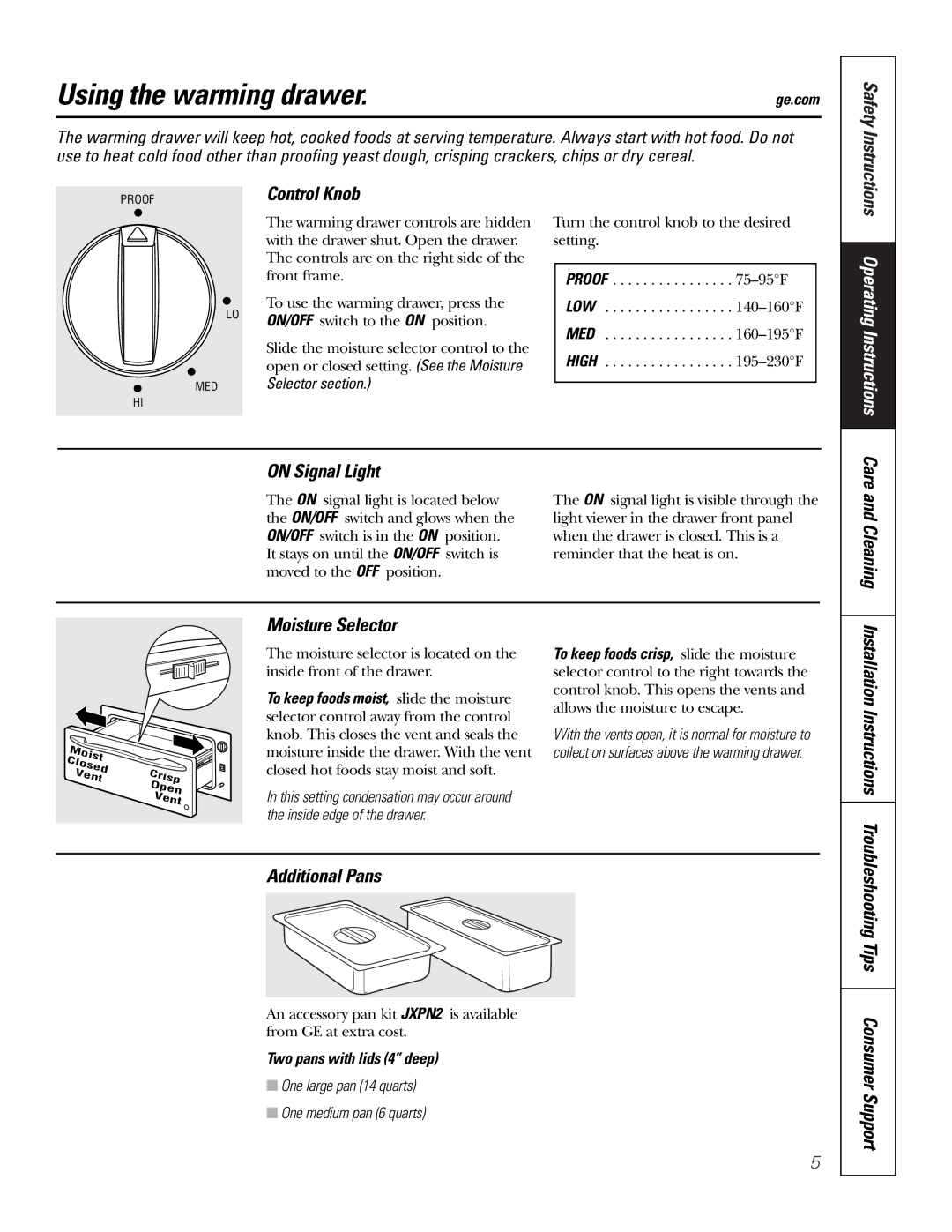 GE JKD915 Using the warming drawer, On Signal Light, Moisture Selector, Installation Instructions Additional Pans 