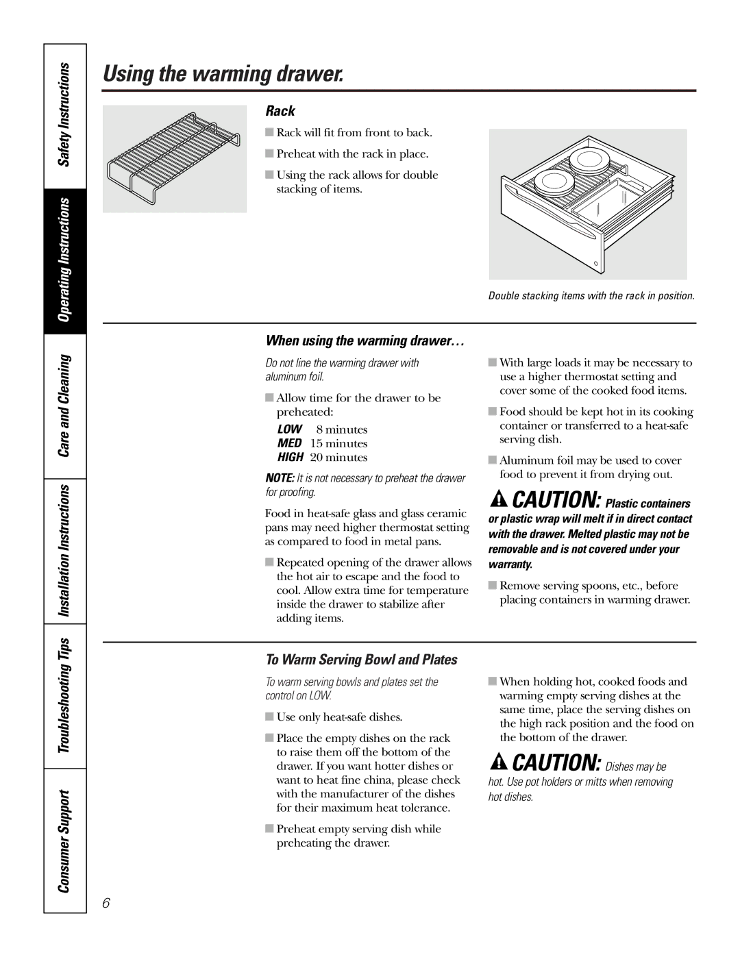 GE JKD915 owner manual Rack, Tips Installation Instructions Care and Cleaning, When using the warming drawer… 