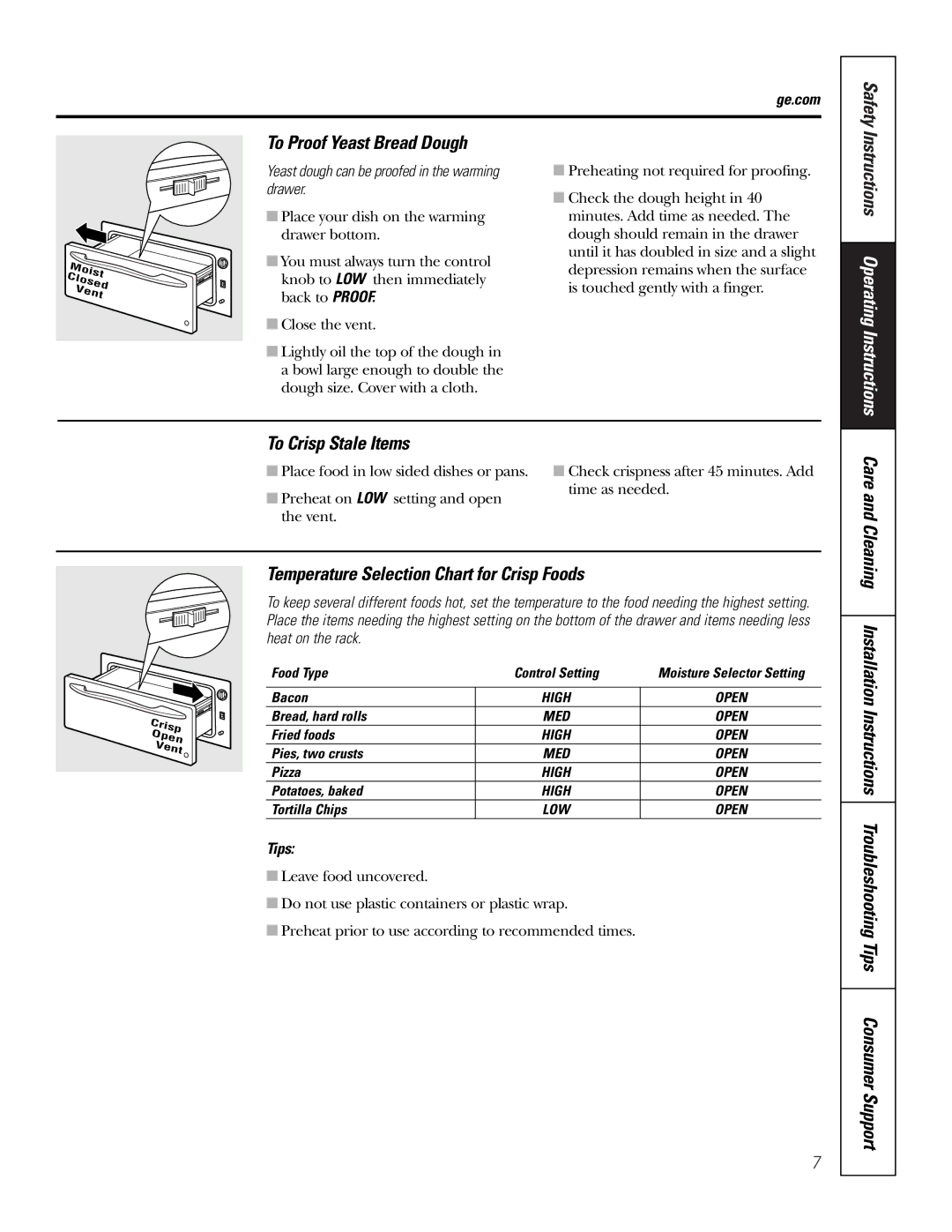 GE JKD915 To Proof Yeast Bread Dough, To Crisp Stale Items, Temperature Selection Chart for Crisp Foods, Safety, Tips 