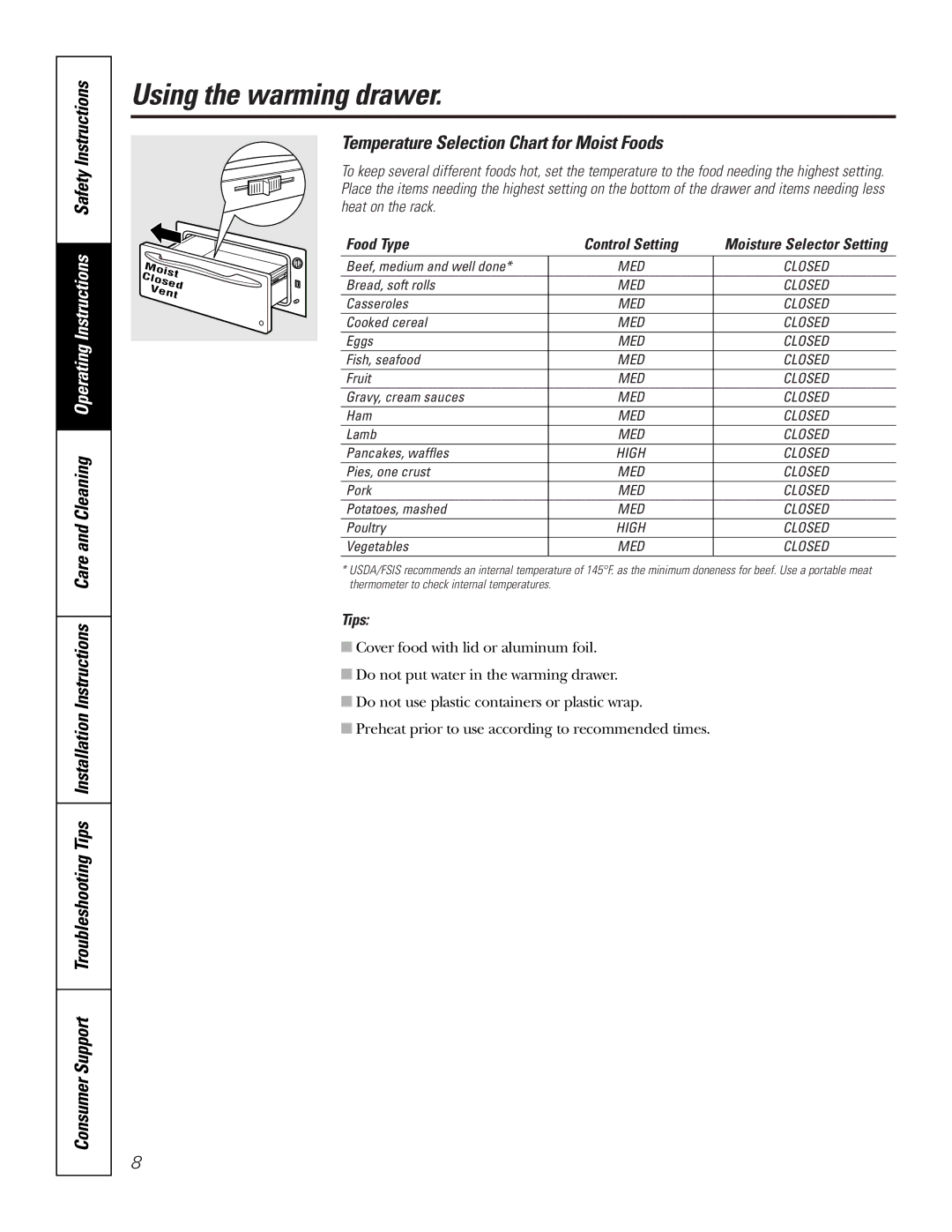 GE JKD915 owner manual Temperature Selection Chart for Moist Foods, Food Type 