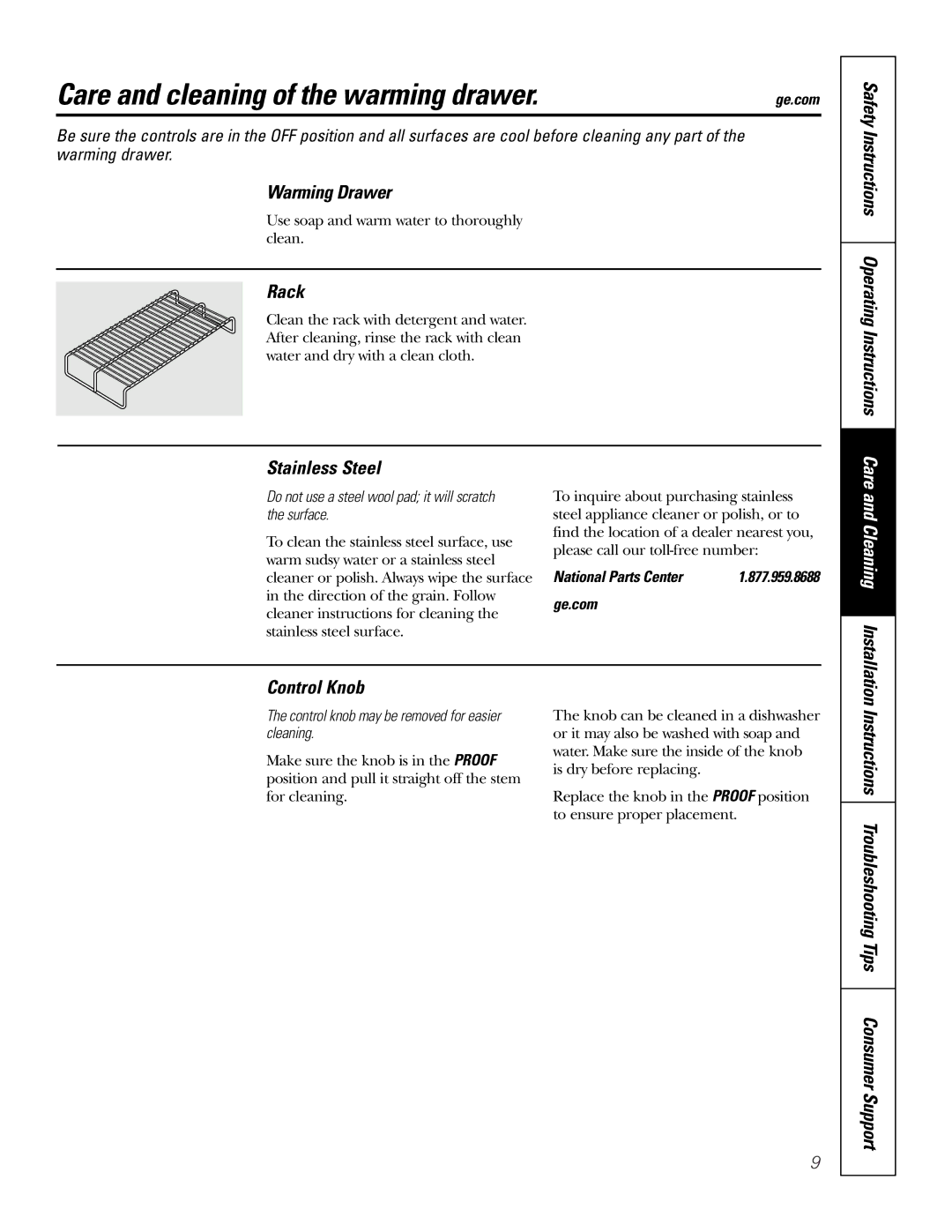 GE JKD915 owner manual Care and cleaning of the warming drawer, Warming Drawer, Control Knob 