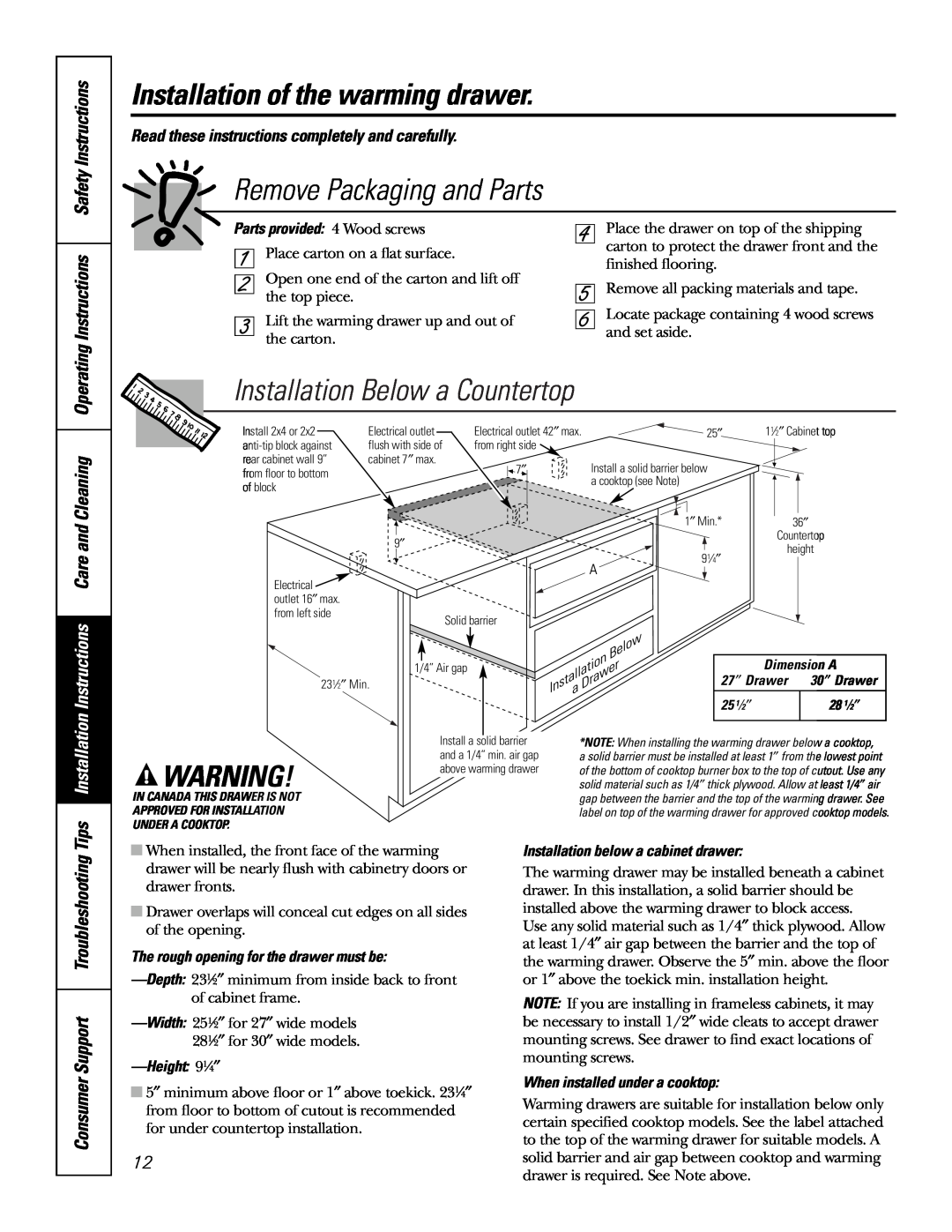 GE JKD915 Remove Packaging and Parts, Installation Below a Countertop, Instructions, Installation of the warming drawer 