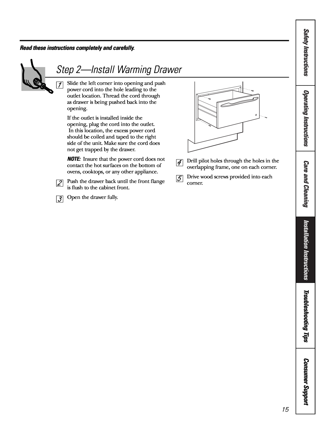 GE JKD915 owner manual InstallWarming Drawer, Read these instructions completely and carefully, Safety Instructions 