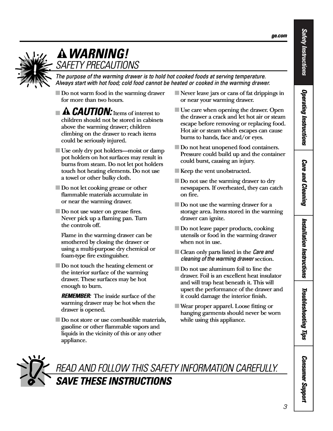 GE JKD915 owner manual Save These Instructions, Safety Instructions, Consumer Support, Safety Precautions 