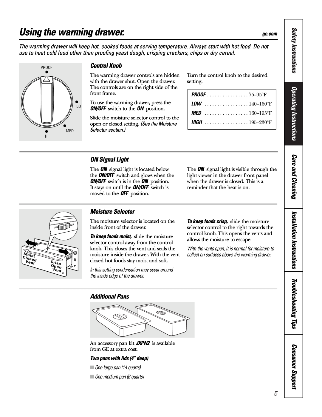 GE JKD915 Using the warming drawer, Operating Instructions, ON Signal Light, Moisture Selector, Installation Instructions 