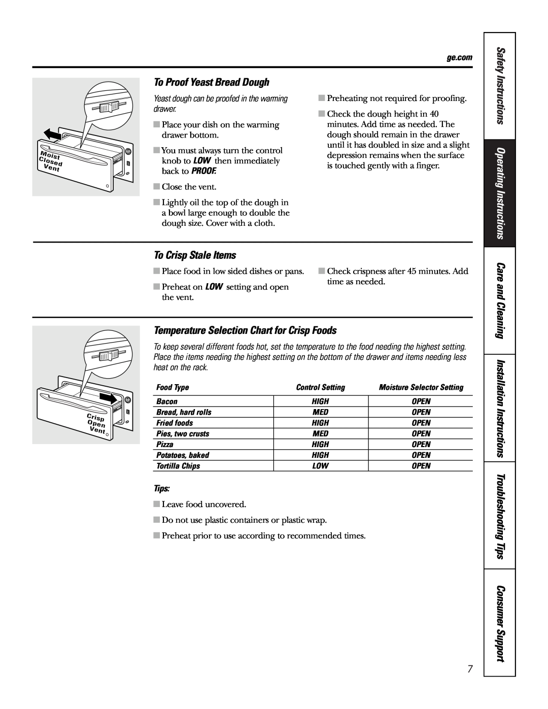 GE JKD915 To Proof Yeast Bread Dough, To Crisp Stale Items, Temperature Selection Chart for Crisp Foods, Safety, Tips 