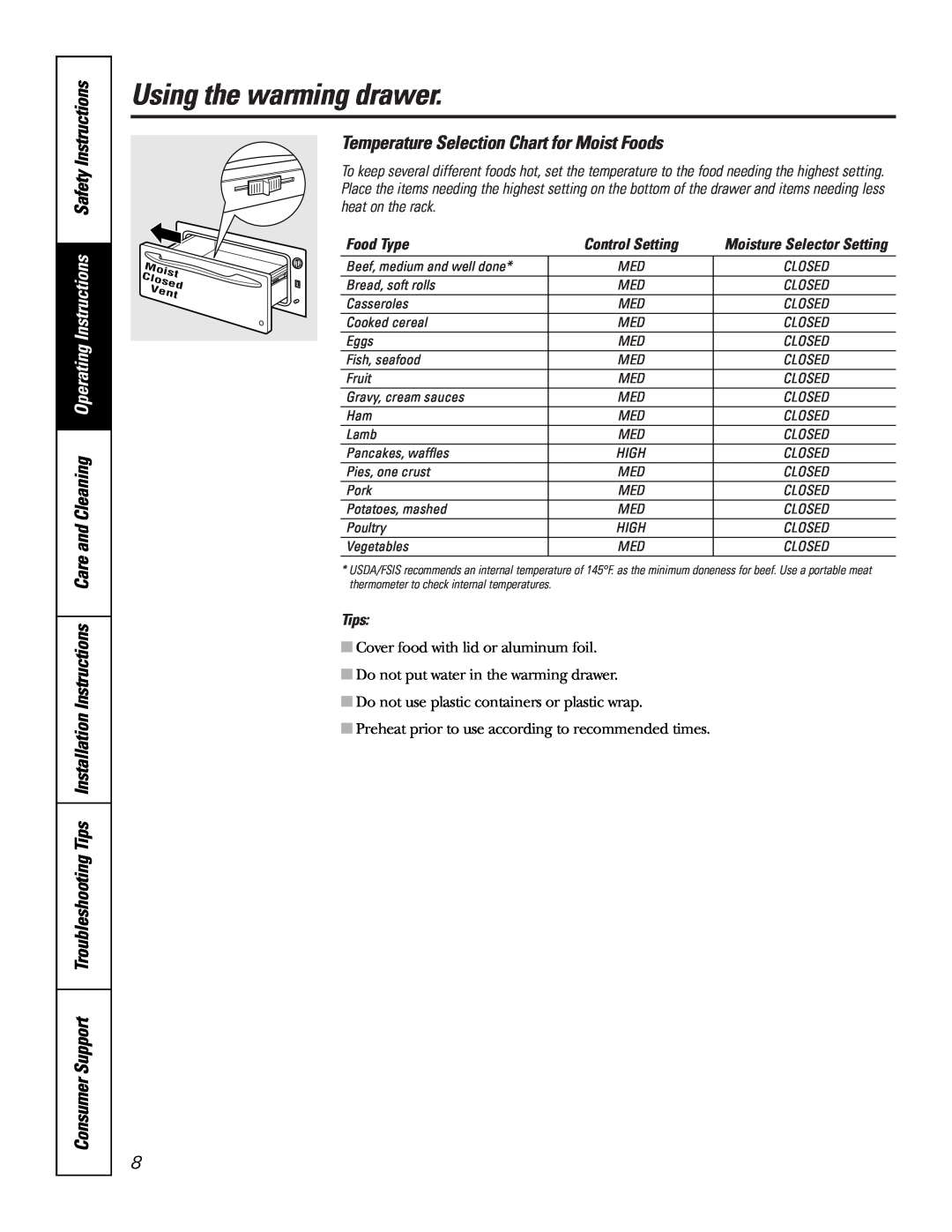 GE JKD915 owner manual Temperature Selection Chart for Moist Foods, Using the warming drawer, Food Type, Tips 