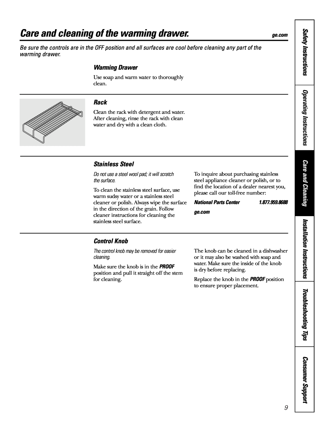 GE JKD915 Care and cleaning of the warming drawer, Warming Drawer, Safety Instructions Operating Instructions, Rack 