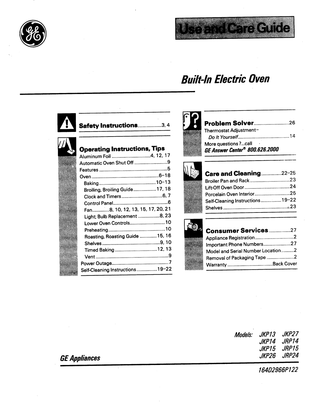 GE JKP26, JKP13, JRP14, 164D2966P122 warranty ElectricOven- i n 