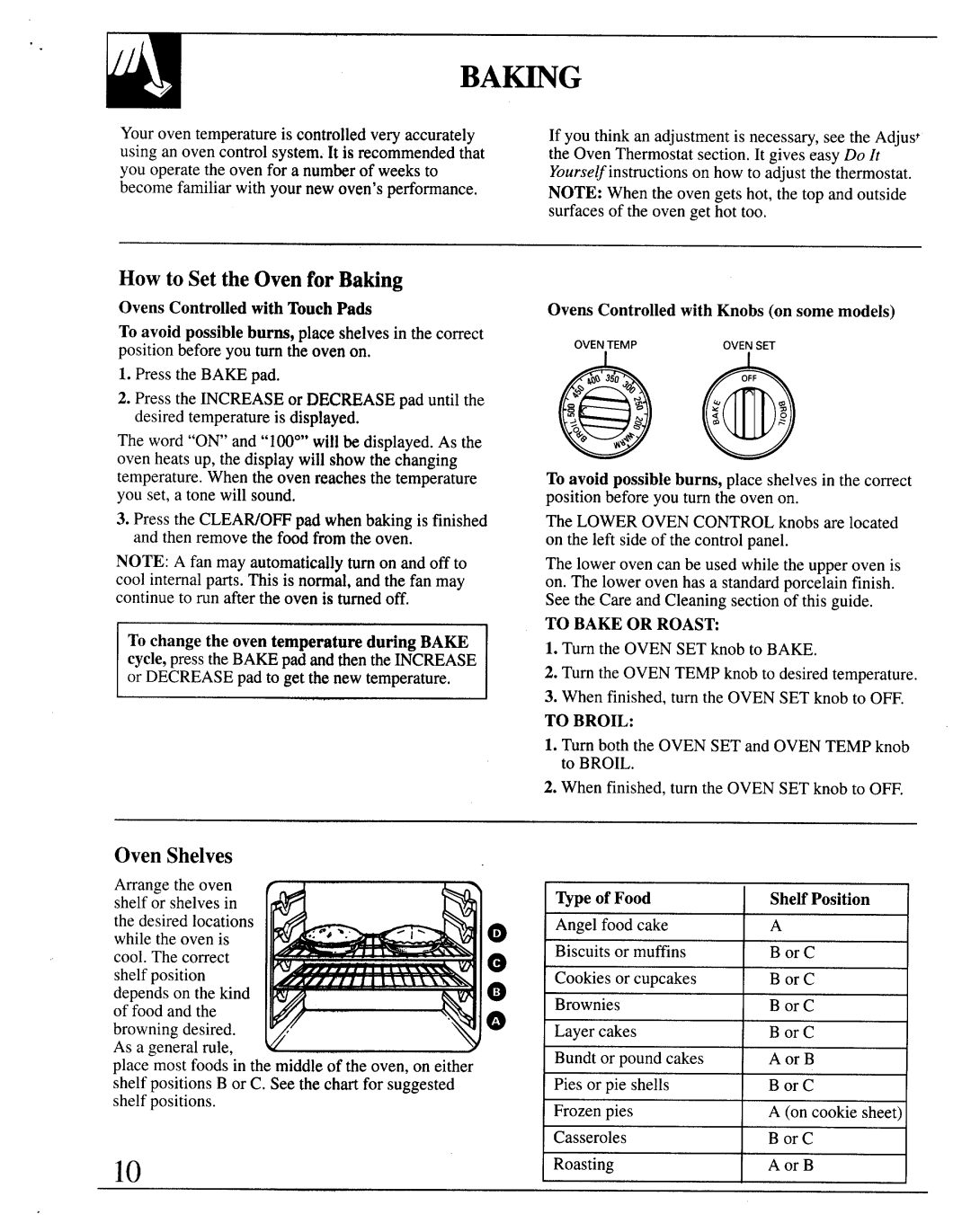 GE JRP14, JKP13, JKP26, 164D2966P122 warranty Howto Set the Ovenfor Baking, Oven Shelves 