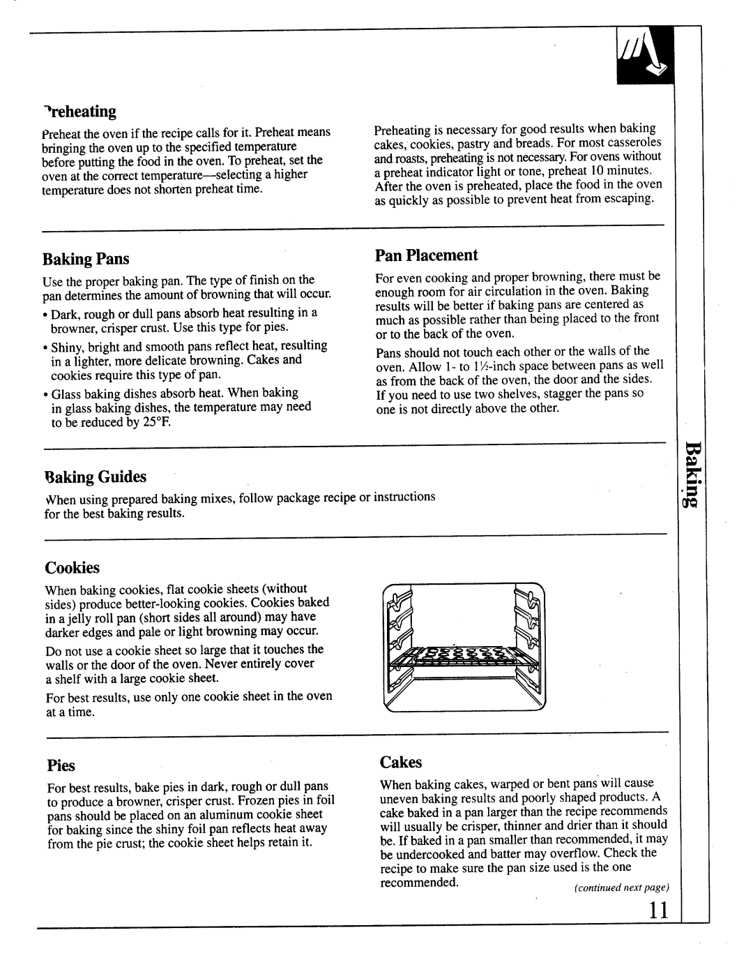 GE 164D2966P122, JKP13, JKP26, JRP14 warranty ‘reheating, BakingPans, Pan Placement, Baking Guides, Cookies, Pies, Cakes 