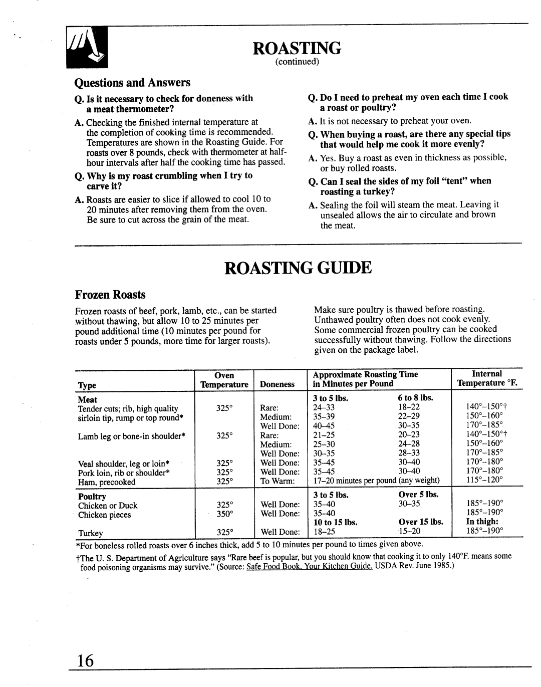 GE JKP13, JKP26, JRP14, 164D2966P122 warranty Roastingguide, Questionsand Answers, Frozen Ross@ 