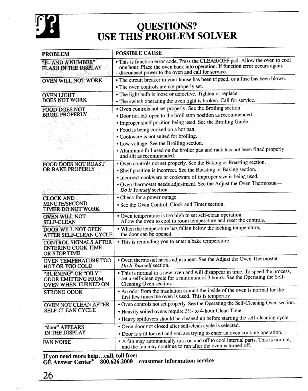 GE JRP14, JKP13, JKP26 Questions?, USE this Problemsolver, GE Answer Centero 800.626.2000 consumer information service 