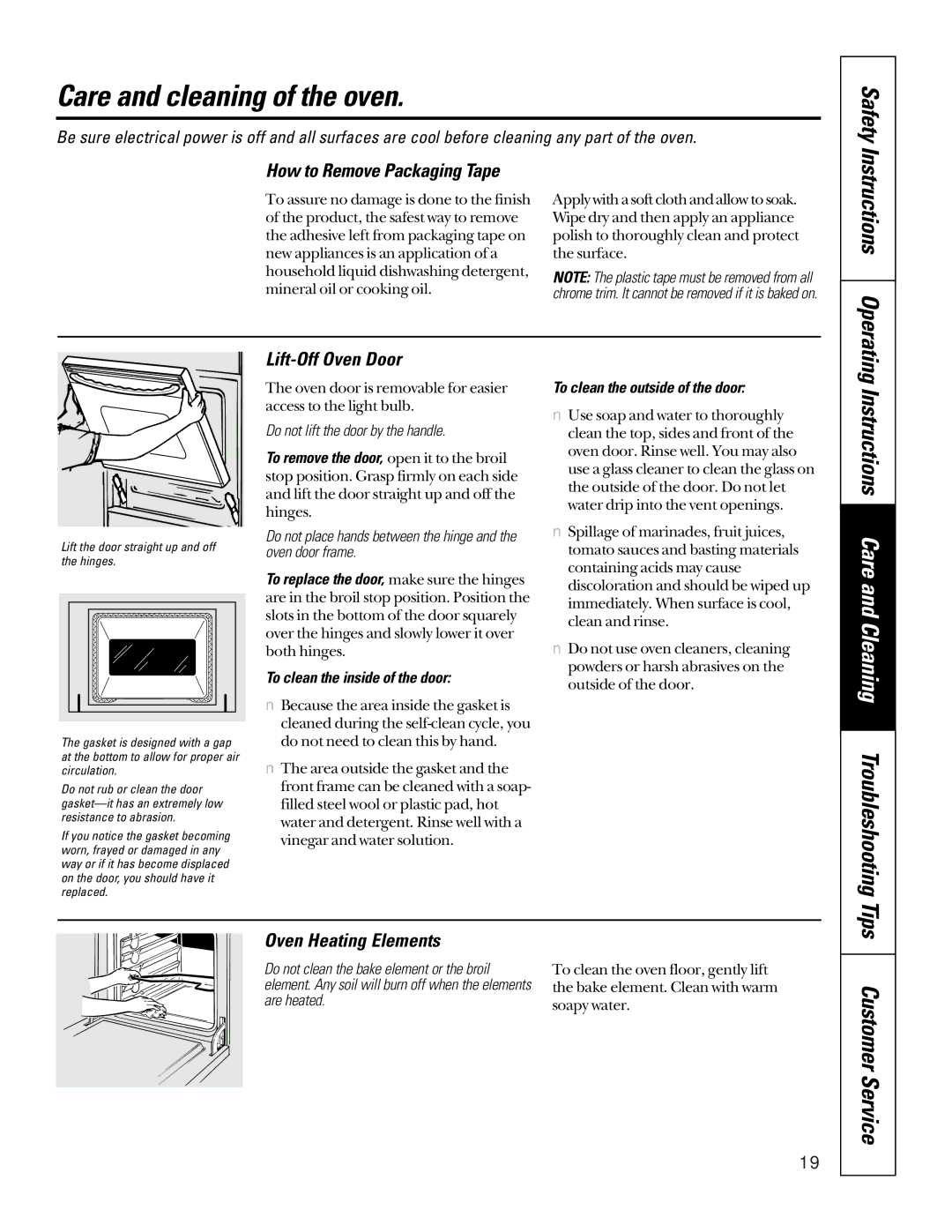 GE JTP17, JKP15 Care and cleaning of the oven, How to Remove Packaging Tape, Lift-Off Oven Door, Oven Heating Elements 