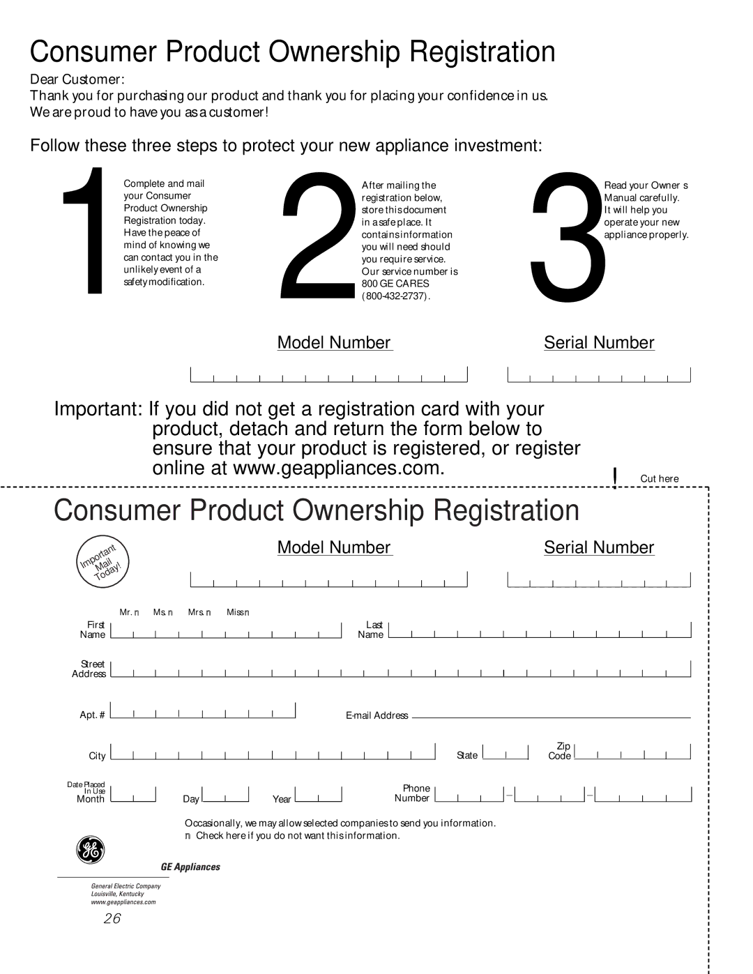 GE JRP15, JKP15, JTP17 owner manual Consumer Product Ownership Registration 