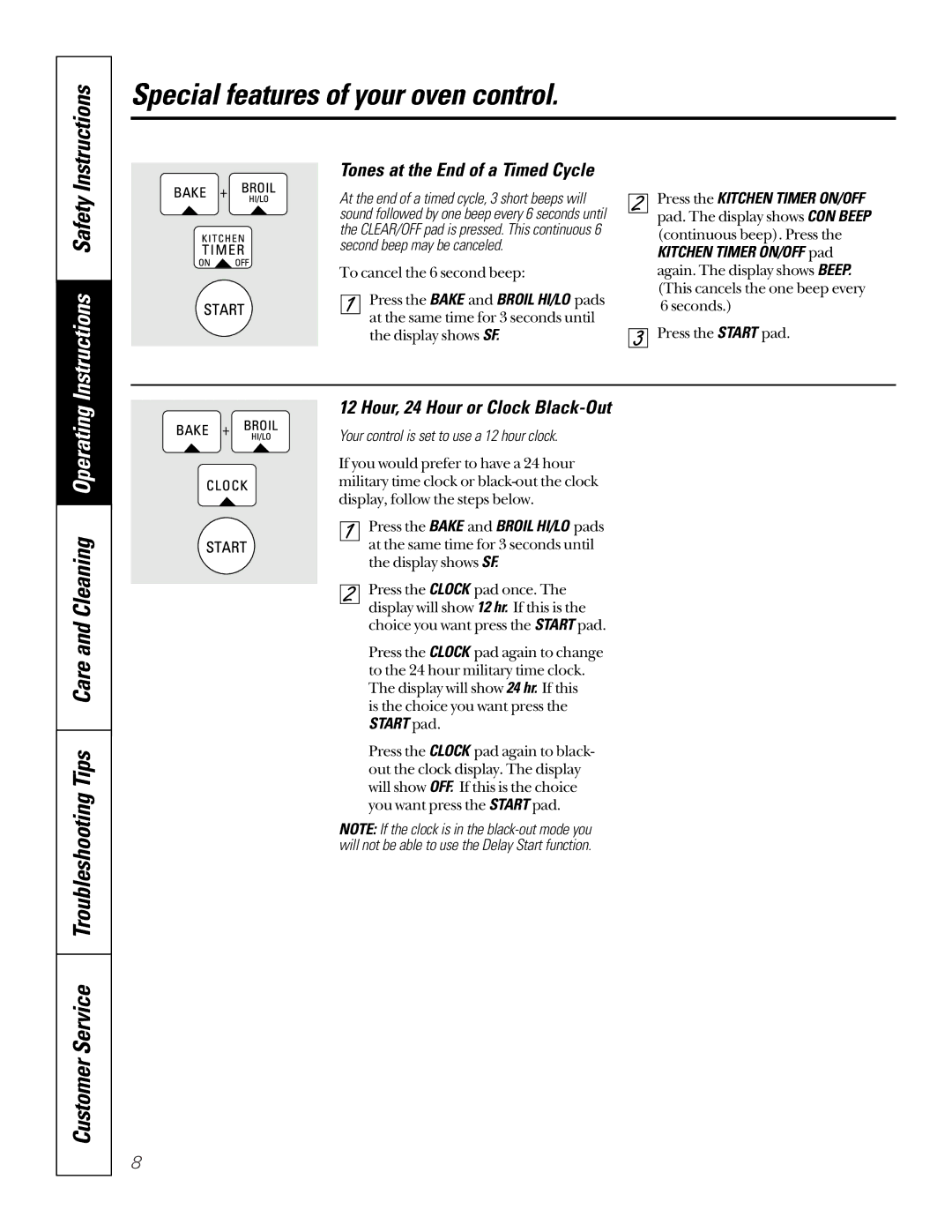 GE JRP15, JKP15, JTP17 owner manual Instructions, Tones at the End of a Timed Cycle, Hour, 24 Hour or Clock Black-Out 