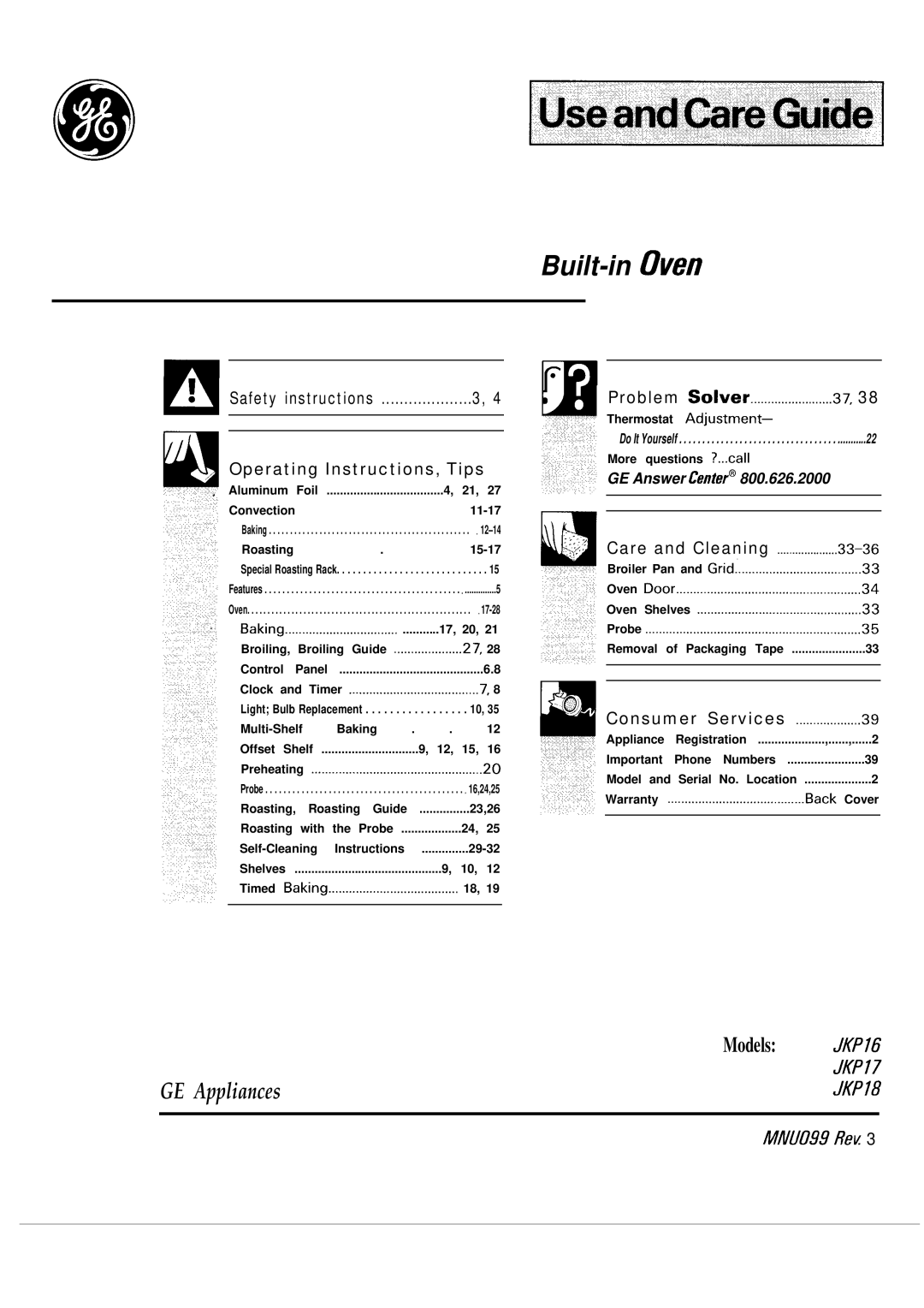 GE MNU099, JKP17 warranty Built-in, Models 