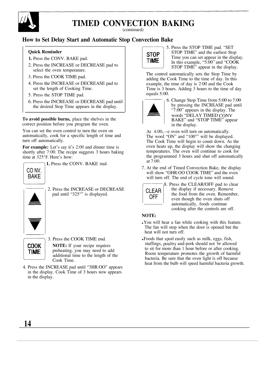 GE JKP17 Timed Convection Baking, How to Set Delay Start and Automatic Stop Convection Bake, CO NV Bake, Quick Reminder 