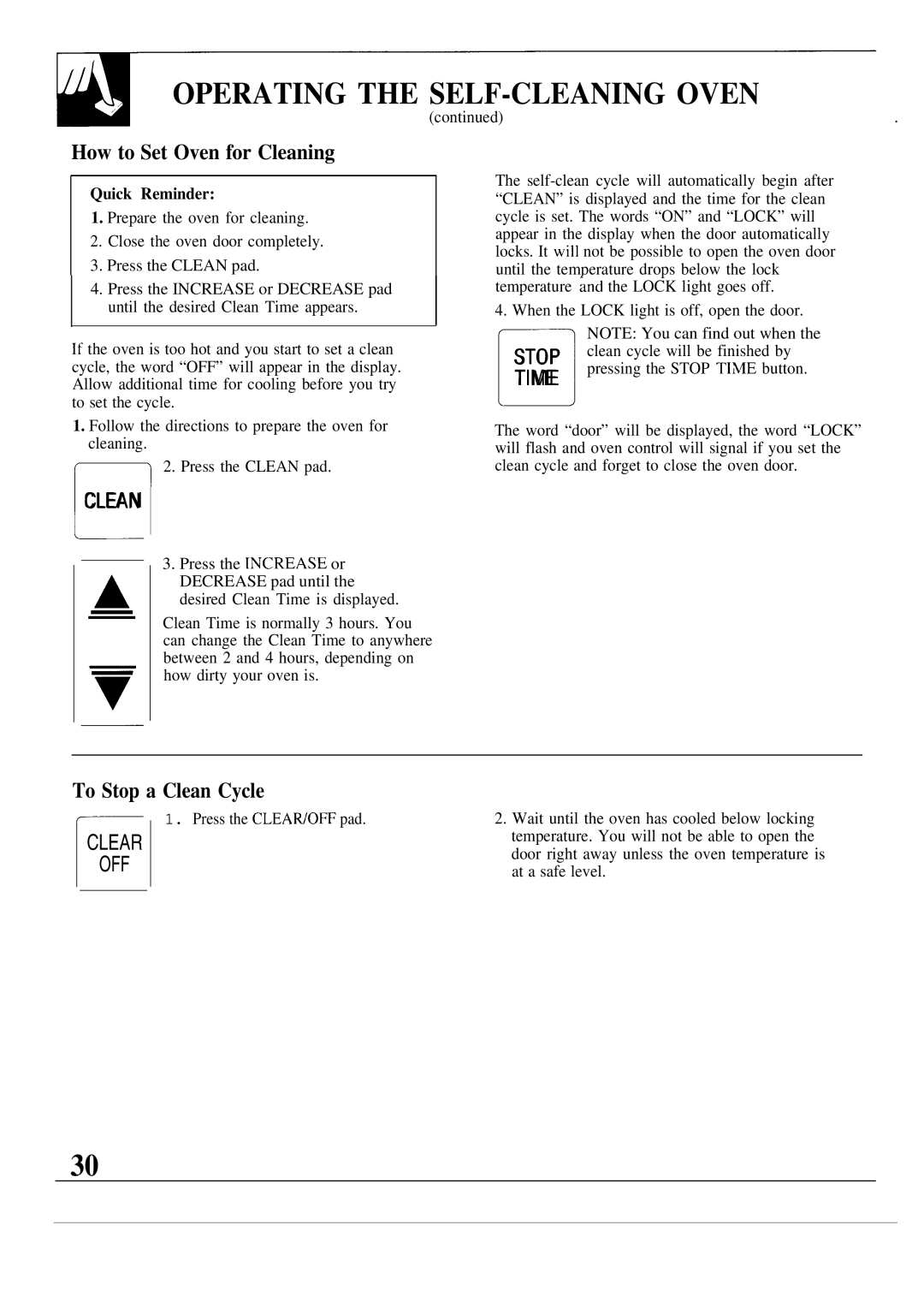 GE JKP17, MNU099 warranty How to Set Oven for Cleaning, Time, To Stop a Clean Cycle, Clear OFF 