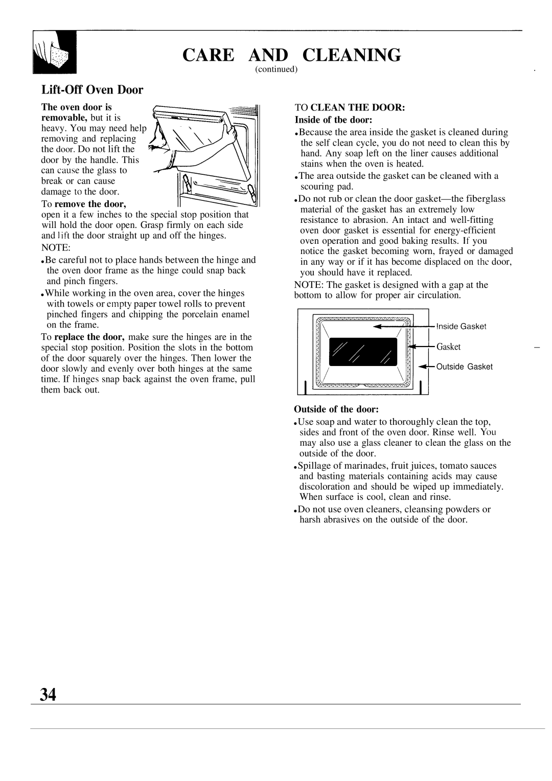 GE JKP17, MNU099 warranty Care and Cleaning, Lift-Off Oven Door 