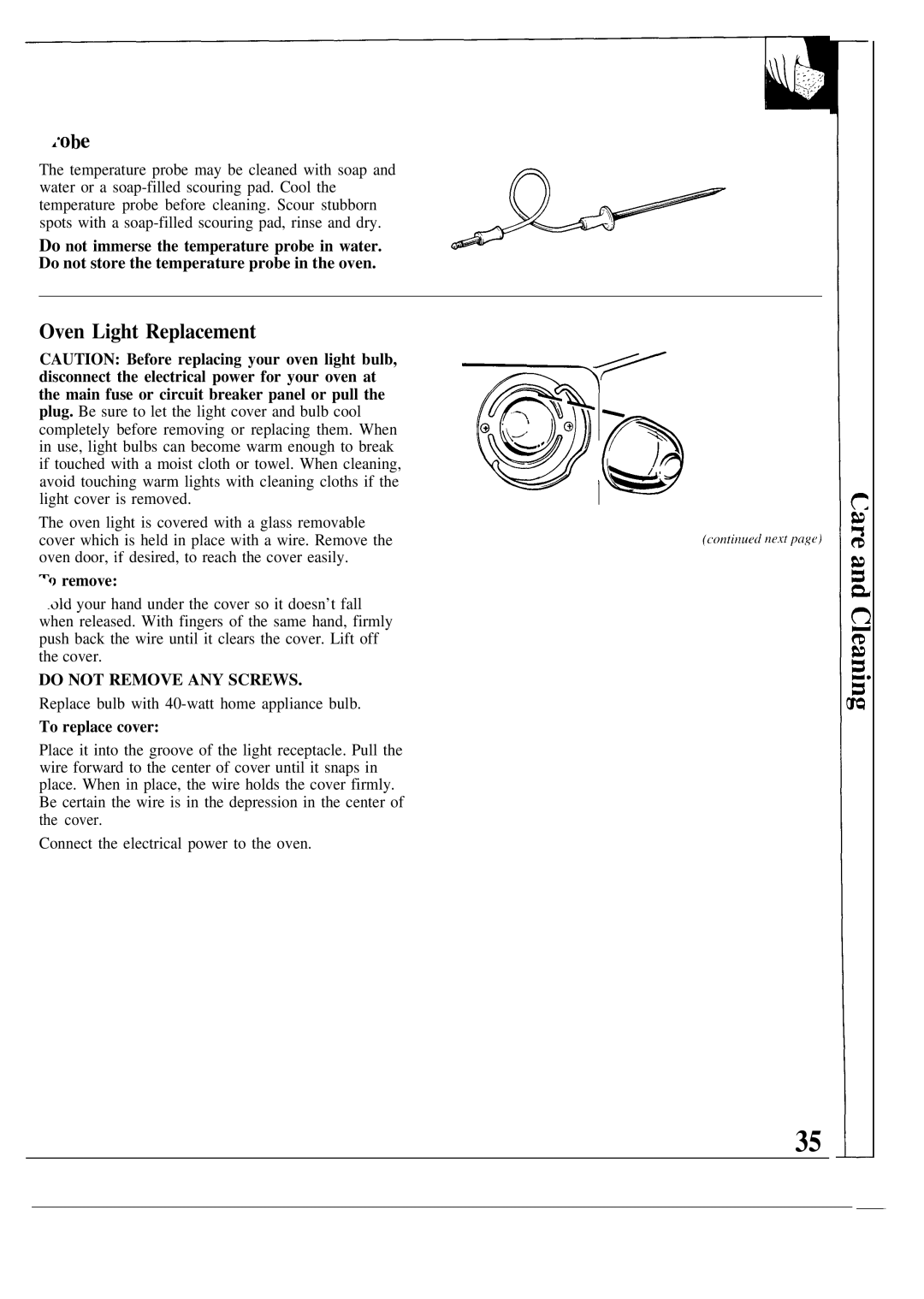 GE MNU099, JKP17 warranty ~obe, Oven Light Replacement, Remove, To replace cover 