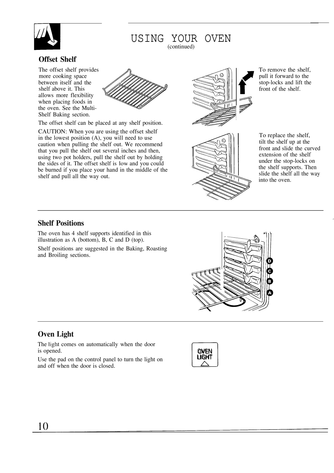 GE JKP17, JKP18, JKP16 warranty Offset Shelf, Shelf Positions, Oven Light 