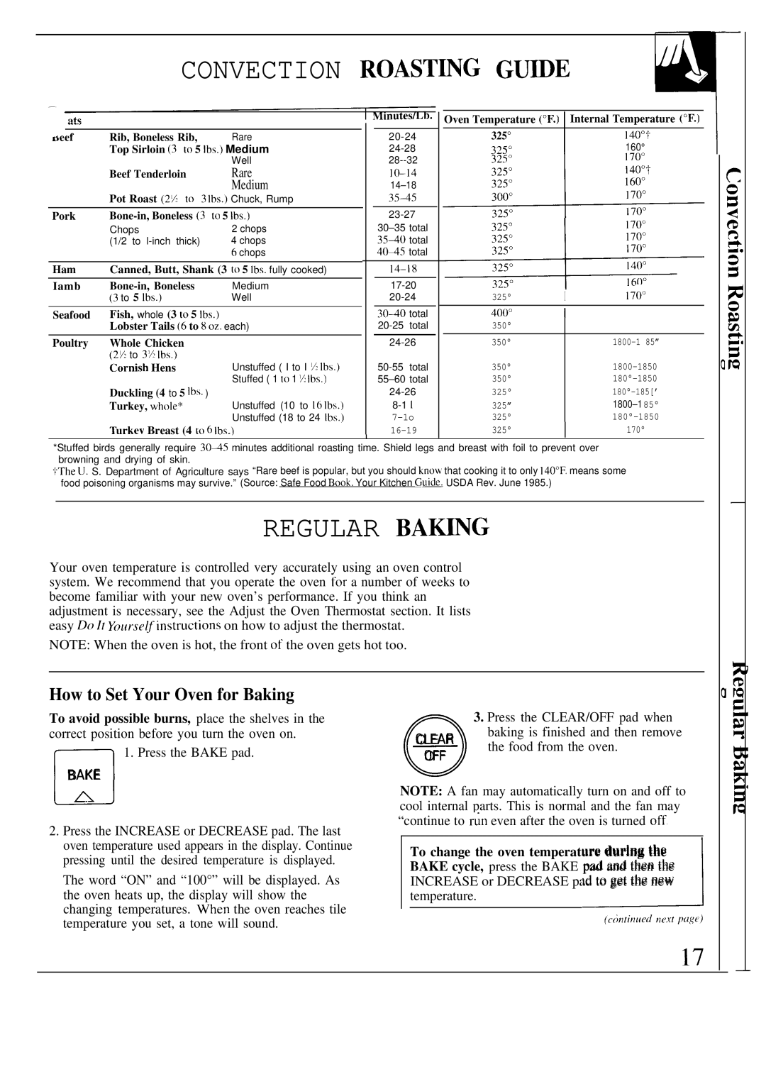 GE JKP16, JKP18, JKP17 warranty Convection ROAST~G GU~E, Regular BA~NG, How to Set Your Oven for Baking, Off 