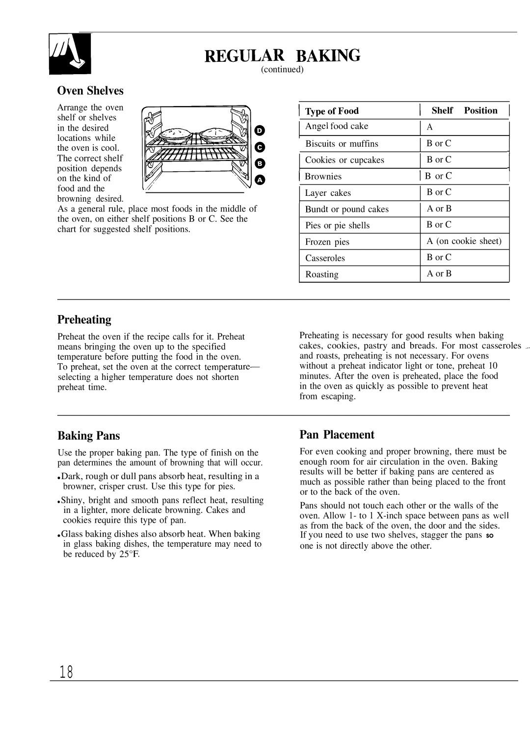 GE JKP18, JKP17, JKP16 warranty Wgular BA~G, Preheating, Baking Pans, Pan Placement, ~peofFood Shelf Position 